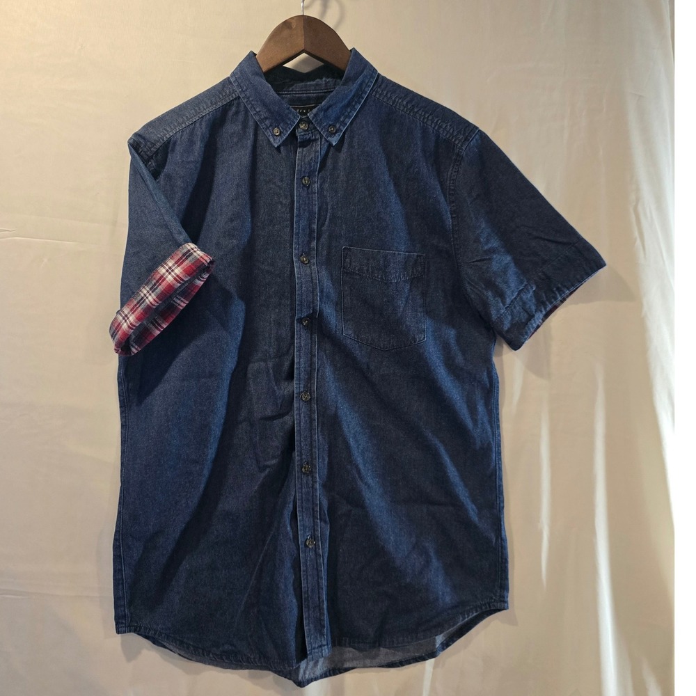 21MEN Short Sleeve‎ Denim Button Up Shirt Blue Plaid Cuff Accent Mens Medium